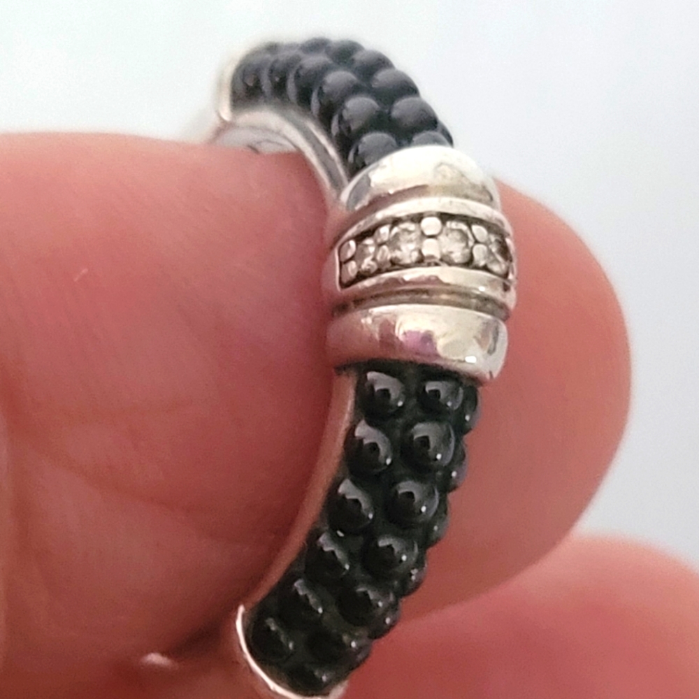 LAGOS Sterling Silver Black Ceramic Diamond Stacking Band Ring 7